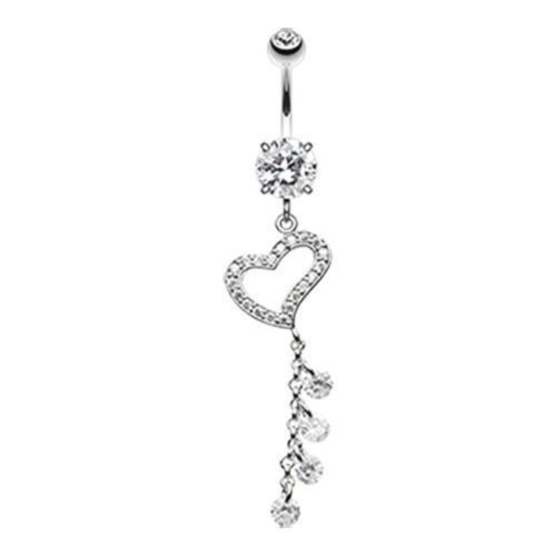 Clear Dazzling Heart Crystalline Dangle Belly Ring 14G (1.6mm) Length: 3/8″ (10mm)