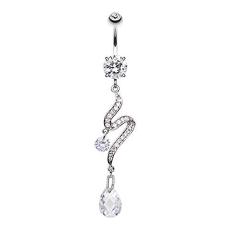 Clear Elegant Swirl Sparkle Dangle Belly Ring 14G (1.6mm) Length: 3/8″ (10mm)