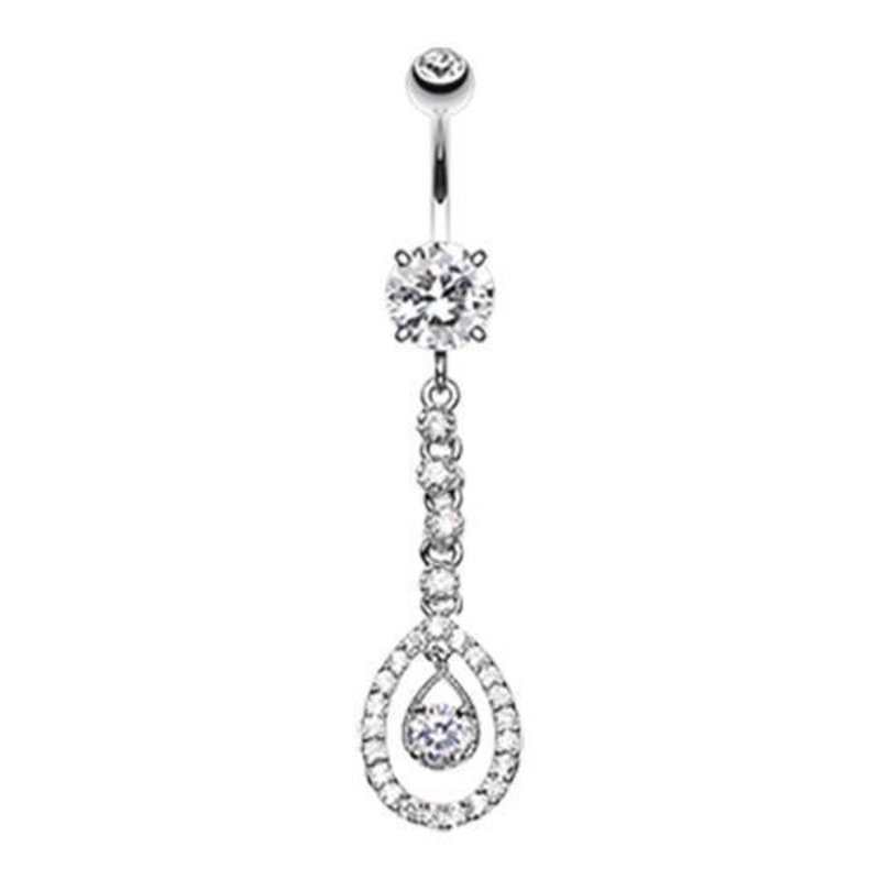 Clear Elegant Teardrop Sparkle Dangle Belly Ring 14G (1.6mm) Length: 3/8″ (10mm)