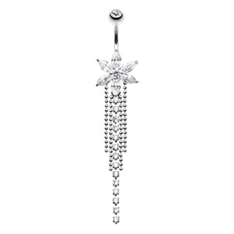 Clear Enchanting Flower Chandelier Dangle Belly Ring 14G (1.6mm) Length: 3/8″ (10mm)
