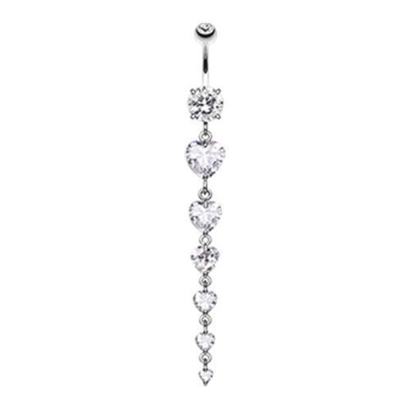 Clear Enchanting Heart Cascade Dangle Belly Ring 14G (1.6mm) Length: 3/8″ (10mm)