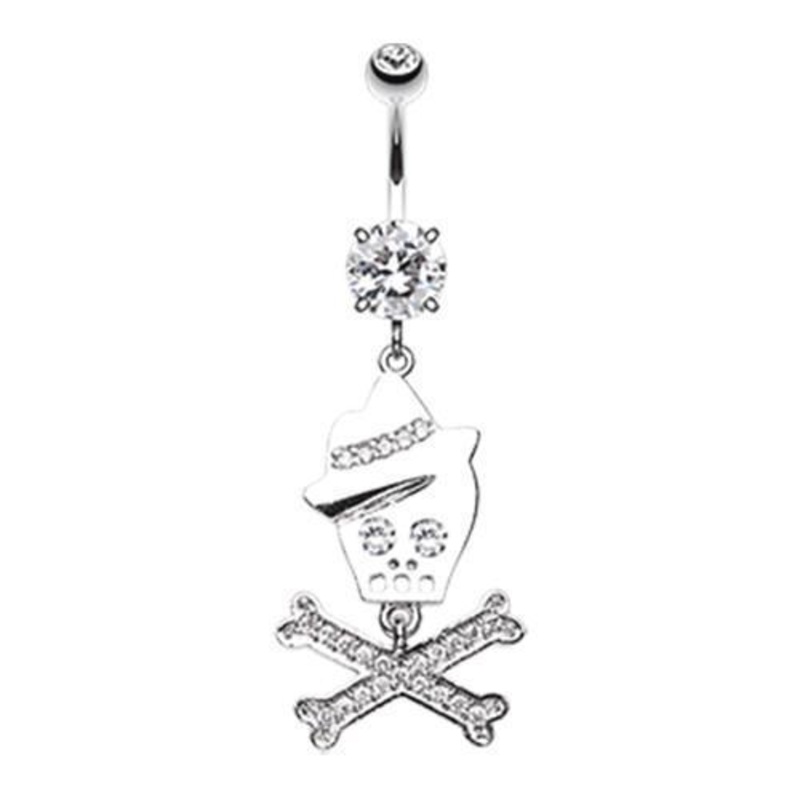 Clear Fedora Skull Crossbones Sparkle Dangle Belly Ring 14G (1.6mm) Length: 3/8″ (10mm)