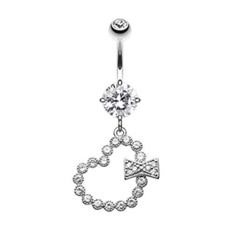 Clear Glam Heart Bow-Tie Dangle Belly Ring 14G (1.6mm) Length: 3/8″ (10mm)