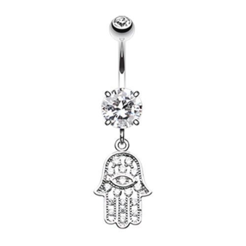 Clear Glistening Dainty Hamsa Dangle Belly Ring 14G (1.6mm) Length: 3/8″ (10mm)