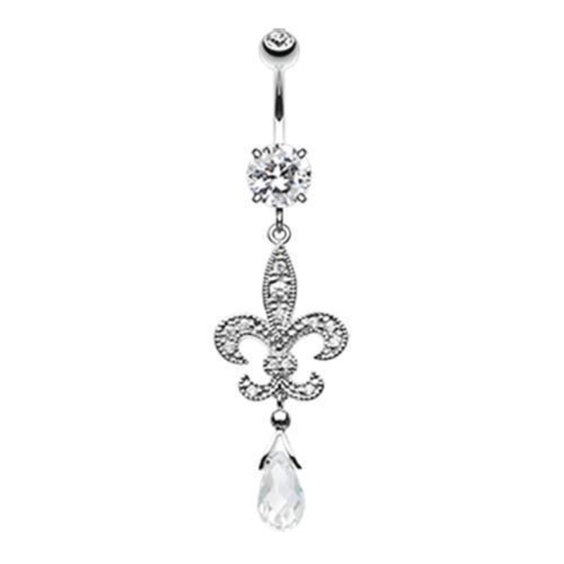 Clear Glistening Fleur De Lis Dangle Belly Ring 14G (1.6mm) Length: 3/8″ (10mm)