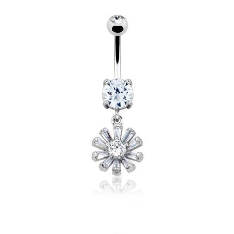 Clear Glistening Rising Sun Dangle Belly Ring 14G (1.6mm) Length: 3/8″ (10mm)