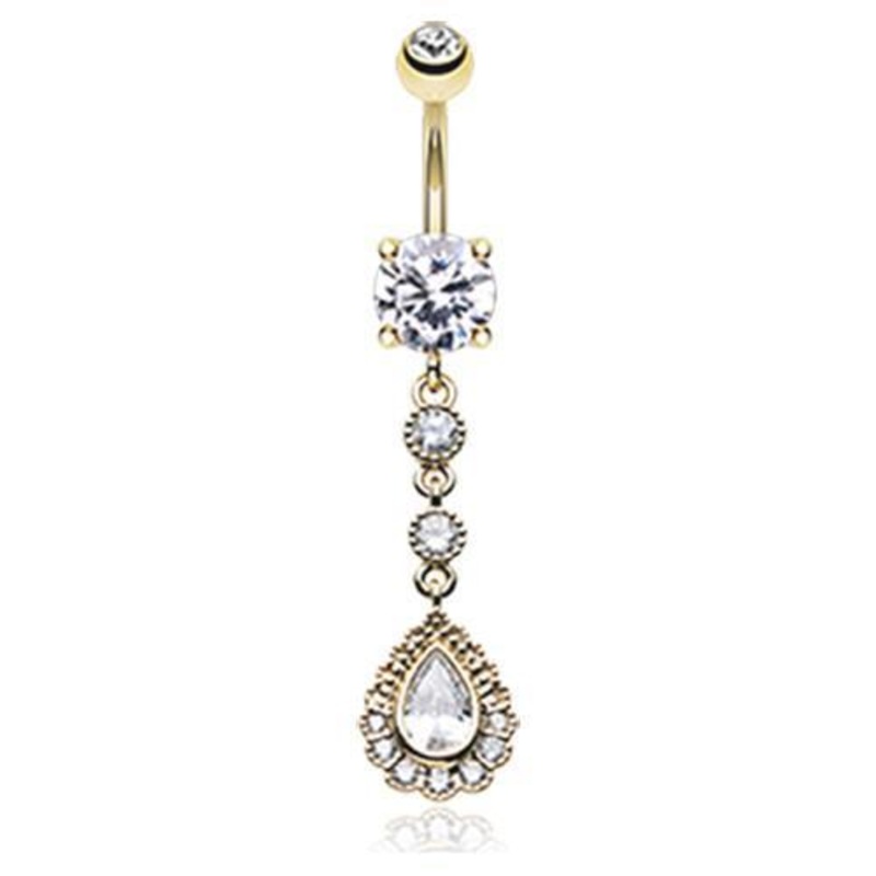 Clear Golden Angelic Gem Cascading Dangle Belly Ring 14G (1.6mm) Length: 3/8″ (10mm)