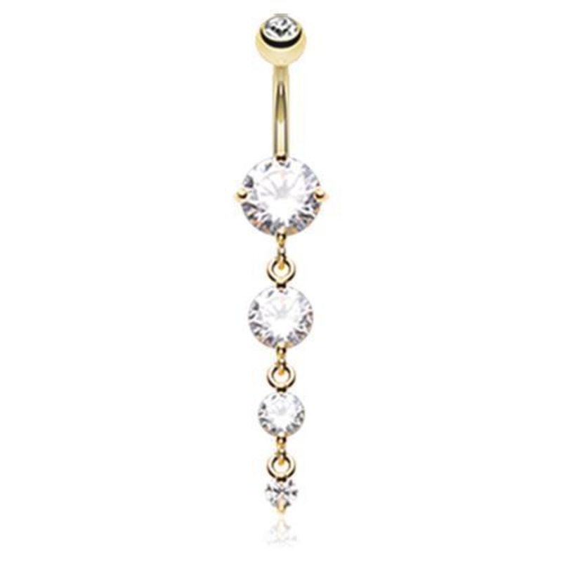 Clear Golden Brilliant Gem Cascade Dangle Belly Ring 14G (1.6mm) Length: 3/8″ (10mm)