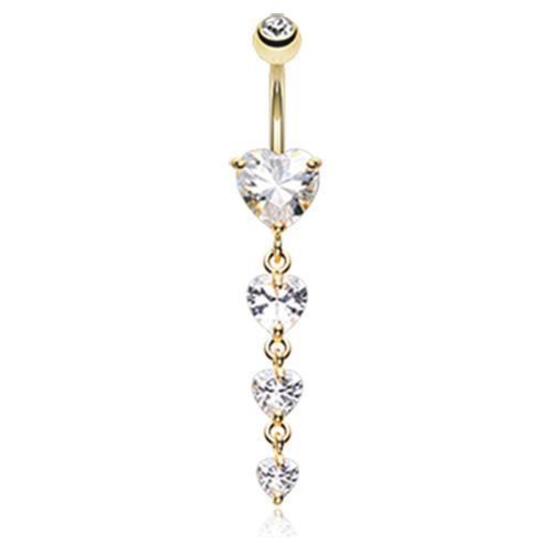 Clear Golden Brilliant Heart Cascade Dangle Belly Ring 14G (1.6mm) Length: 3/8″ (10mm)