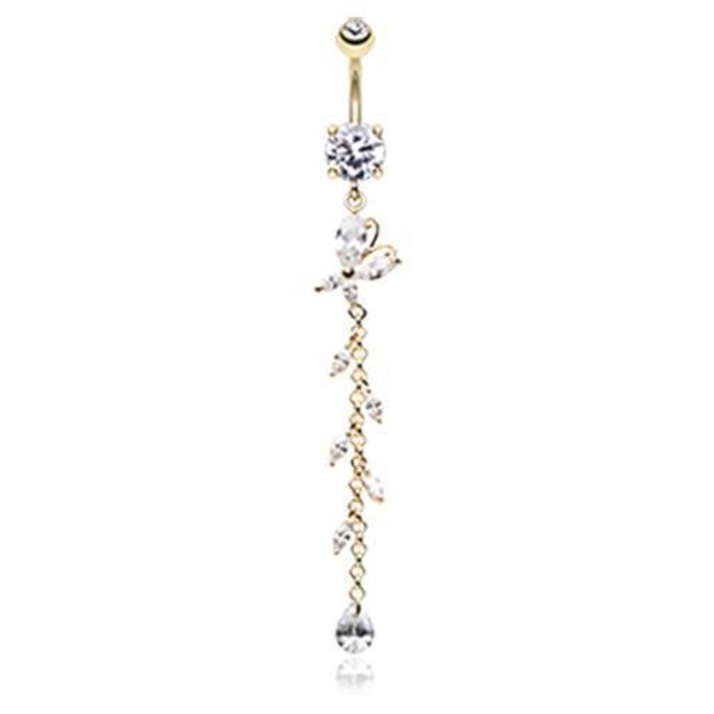 Clear Golden Butterfly Gem Sparkle Dangle Belly Ring 14G (1.6mm) Length: 3/8″ (10mm)