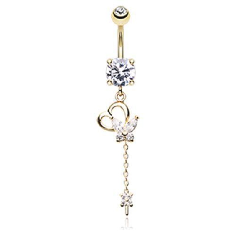 Clear Golden Butterfly Heart Flower Sparkle Dangle Belly Ring 14G (1.6mm) Length: 3/8″ (10mm)