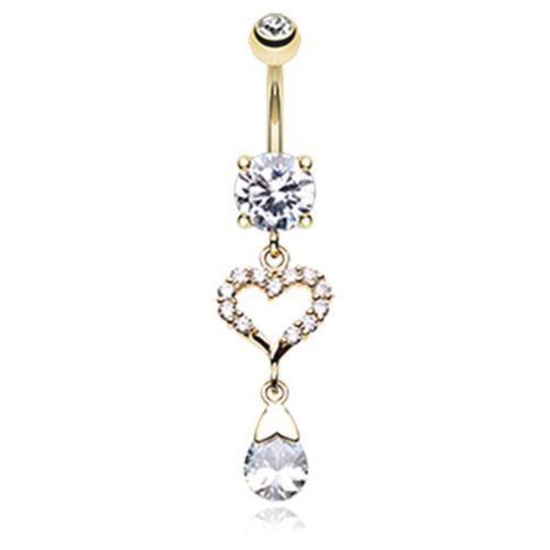 Clear Golden Darling Heart Sparkle Dangle Belly Ring 14G (1.6mm) Length: 3/8″ (10mm)