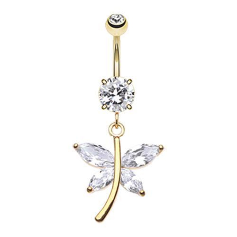 Clear Golden Dazzling Butterfly Dangle Belly Ring 14G (1.6mm) Length: 3/8″ (10mm)