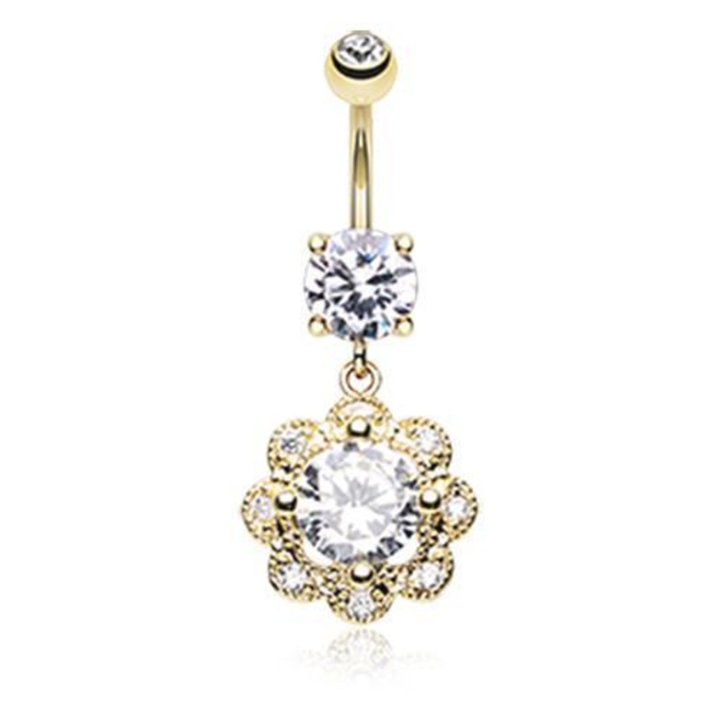 Clear Golden Dazzling Flower Dangle Belly Ring 14G (1.6mm) Length: 3/8″ (10mm)