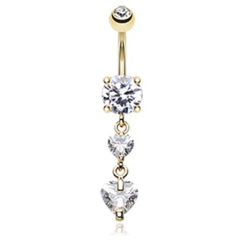 Clear Golden Elegant Double Hearts Dangle Belly Ring 14G (1.6mm) Length: 3/8″ (10mm)