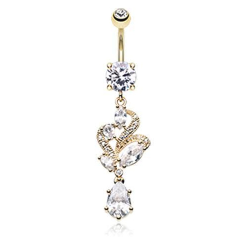 Clear Golden Elegant Luster Vines Dangle Belly Ring 14G (1.6mm) Length: 3/8″ (10mm)
