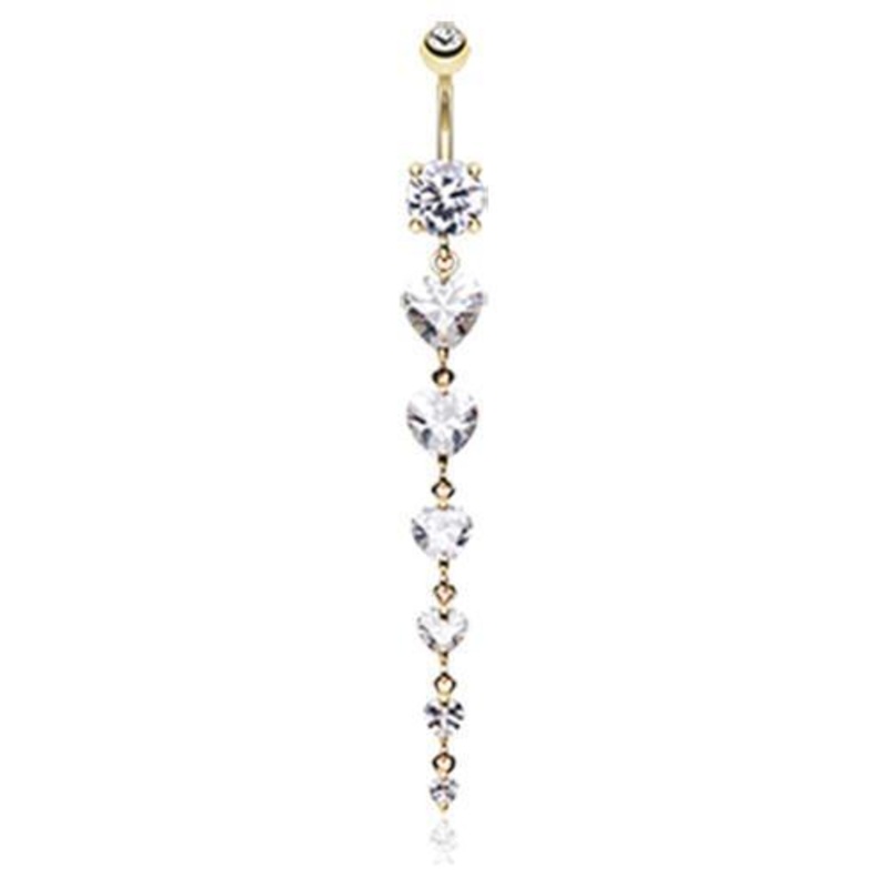 Clear Golden Enchanting Heart Cascade Dangle Belly Ring 14G (1.6mm) Length: 3/8″ (10mm)