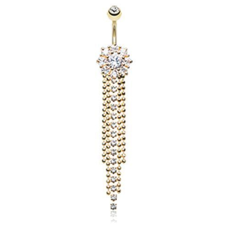 Clear Golden Exquisite Bedazzled Cascading Dangle Belly Ring 14G (1.6mm) Length: 3/8″ (10mm)