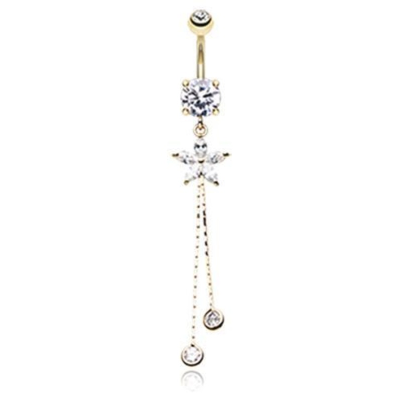 Clear Golden Flower Sparkle Dangle Belly Ring 14G (1.6mm) Length: 3/8″ (10mm)