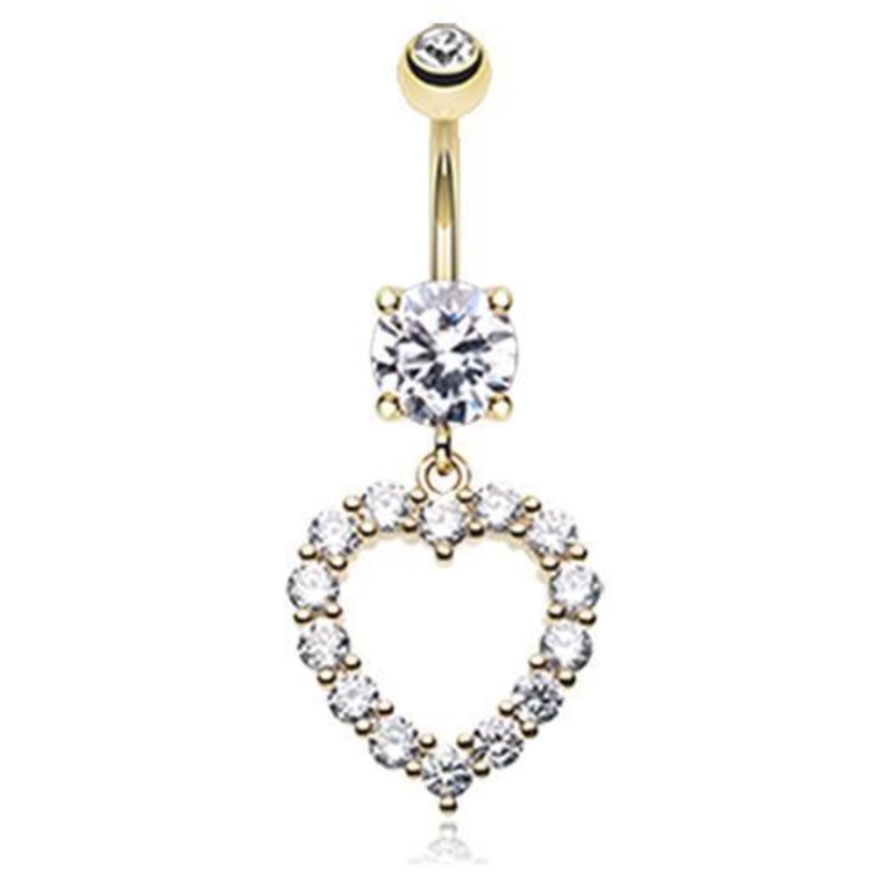 Clear Golden Heart Affection Dangle Belly Ring 14G (1.6mm) Length: 3/8″ (10mm)