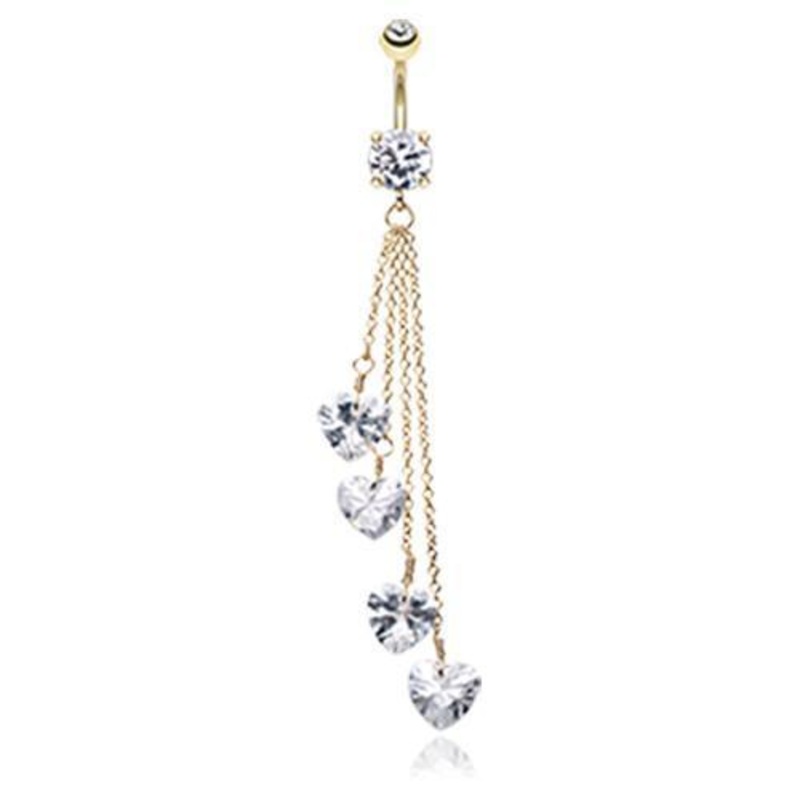 Clear Golden Heart Crystal Drops Dangle Belly Ring 14G (1.6mm) Length: 3/8″ (10mm)