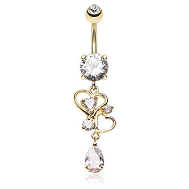 Clear Golden Hearts Delight Dangle Belly Ring 14G (1.6mm) Length: 3/8″ (10mm)