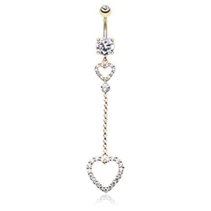 Clear Golden Luscious Double Hearts Dangle Belly Ring 14G (1.6mm) Length: 3/8″ (10mm)