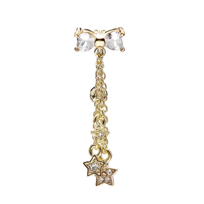 Clear Golden Reversible Drop Down CZ Bow Stars Dangle Belly Ring 14G (1.6mm) Length: 3/8″ (10mm)