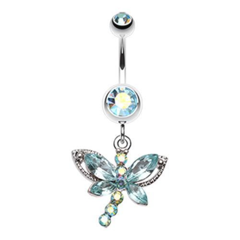 Aqua/Aurora Borealis Dragonfly Glam Dangle Belly Ring 14G (1.6mm) Length: 3/8″ (10mm)