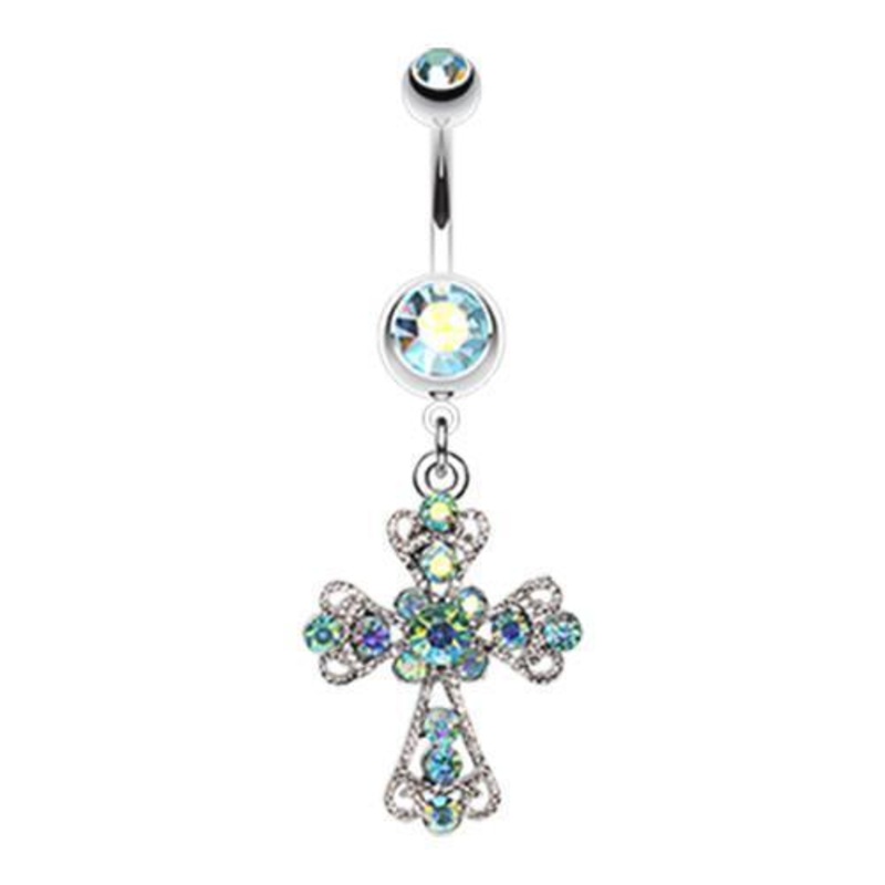 Aqua/Aurora Borealis Shimmering Cross Patonce Dangle Belly Ring 14G (1.6mm) Length: 3/8″ (10mm)