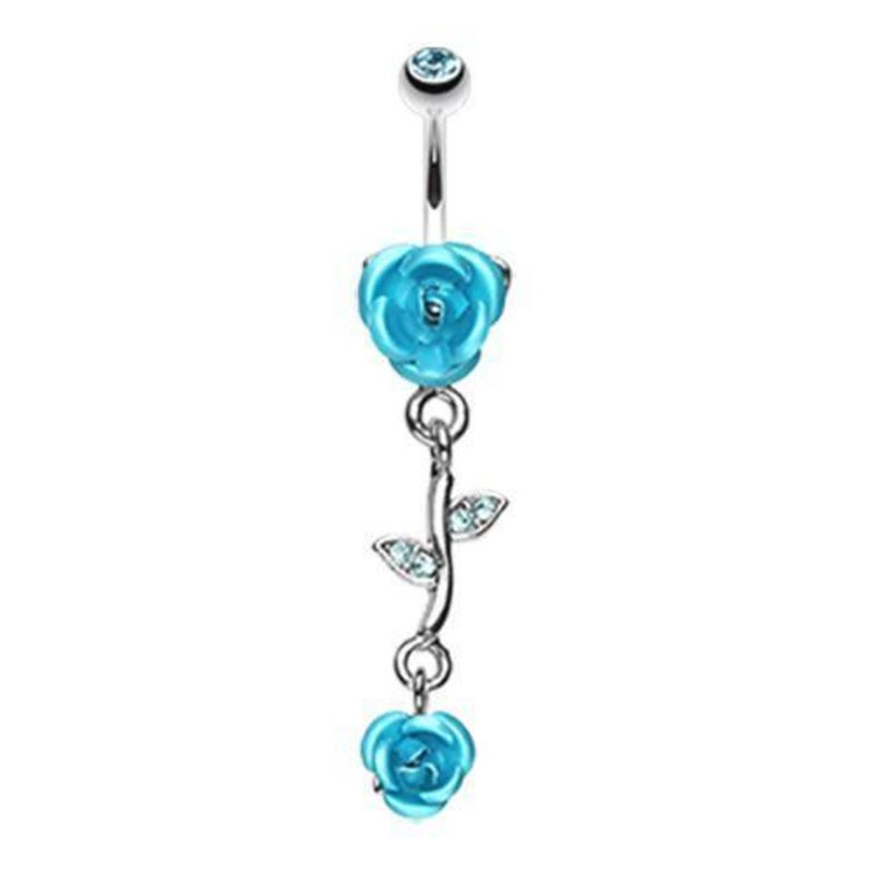 Aqua Bright Metal Rose Vine Dangle Belly Ring 14G (1.6mm) Length: 3/8″ (10mm)