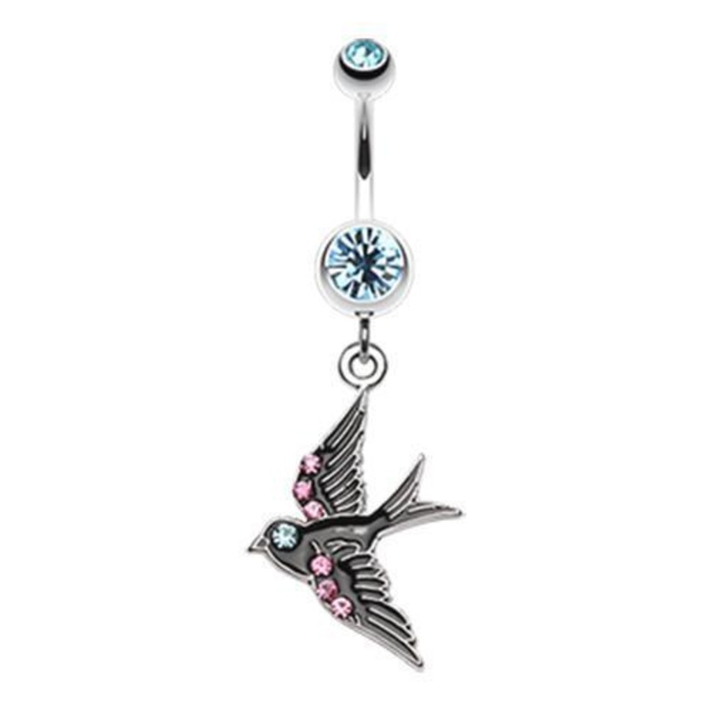 Aqua Jeweled Flying Swallow Dangle Belly Ring 14G (1.6mm) Length: 3/8″ (10mm)