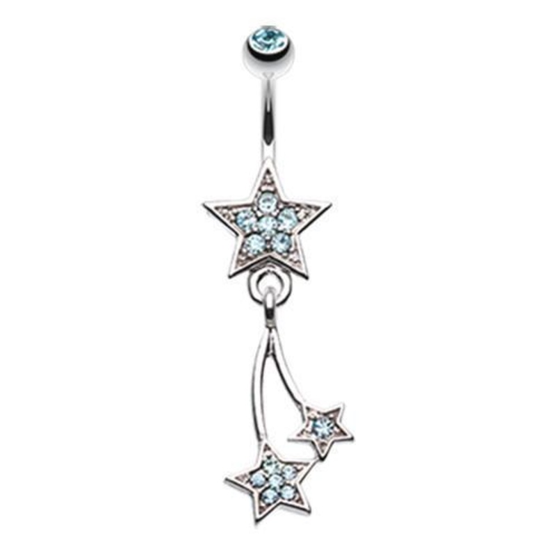 Aqua Sparkle Stars Dangle Belly Ring 14G (1.6mm) Length: 3/8″ (10mm)