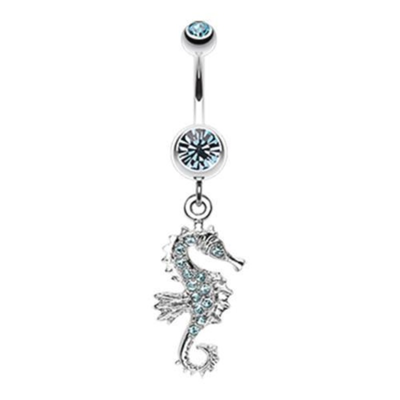 Aqua Sparkling Seahorse Dangle Belly Ring 14G (1.6mm) Length: 3/8″ (10mm)