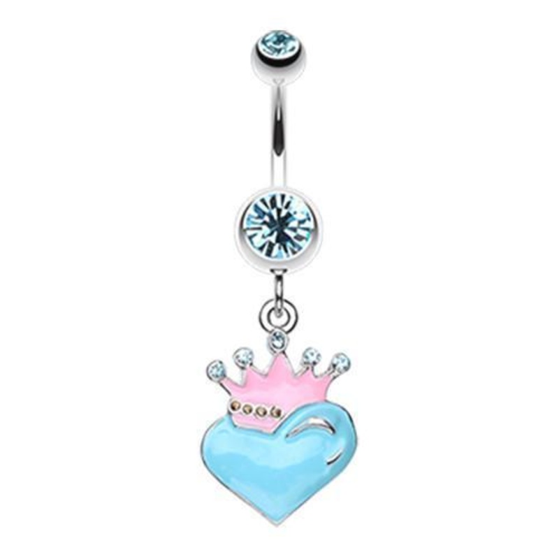 Aqua Vibrant Crowned Heart Sparkle Dangle Belly Ring 14G (1.6mm) Length: 3/8″ (10mm)