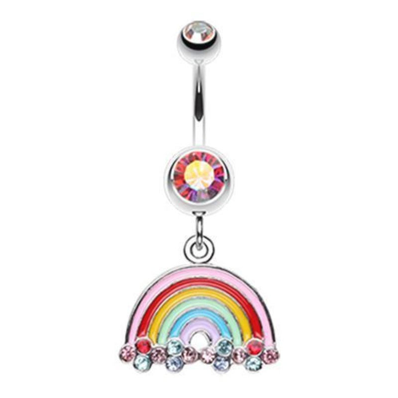 Aurora Borealis Candy Rainbow Sparkle Dangle Belly Ring 14G (1.6mm) Length: 3/8″ (10mm)