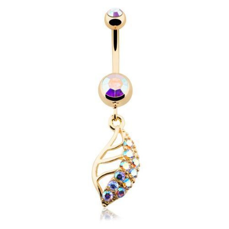 Aurora Borealis Golden Graceful Leaf Diamond Dangle Belly Ring 14G (1.6mm) Length: 3/8″ (10mm)
