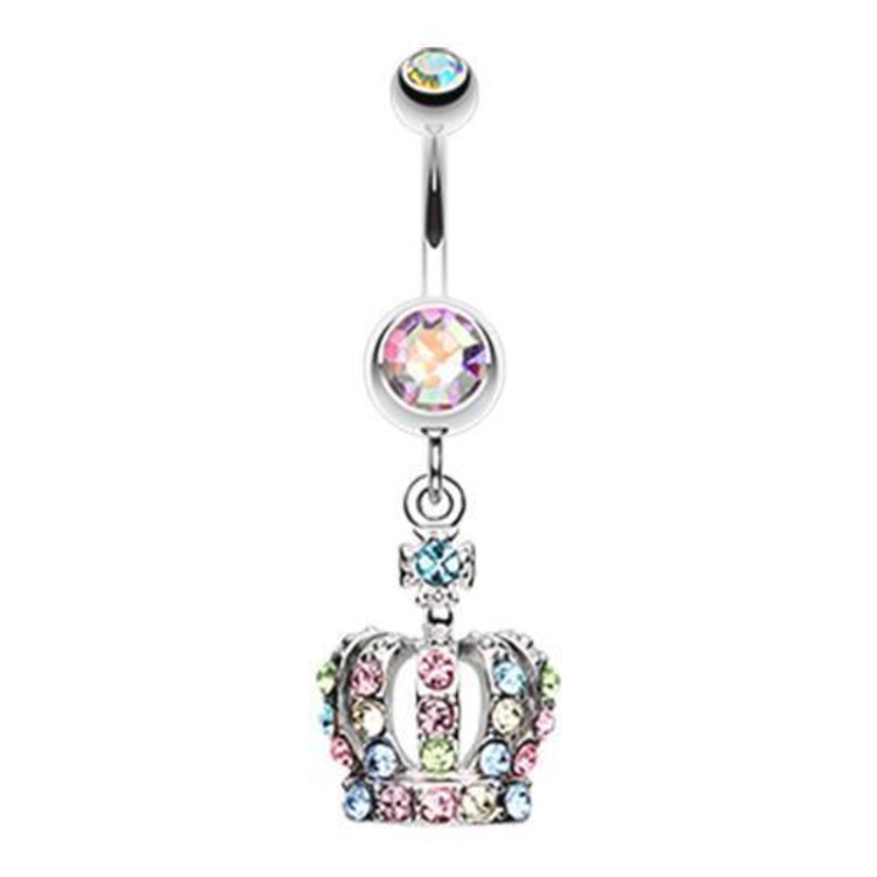 Aurora Borealis/Rainbow Dazzling Royal Crown Dangle Belly Ring 14G (1.6mm) Length: 3/8″ (10mm)