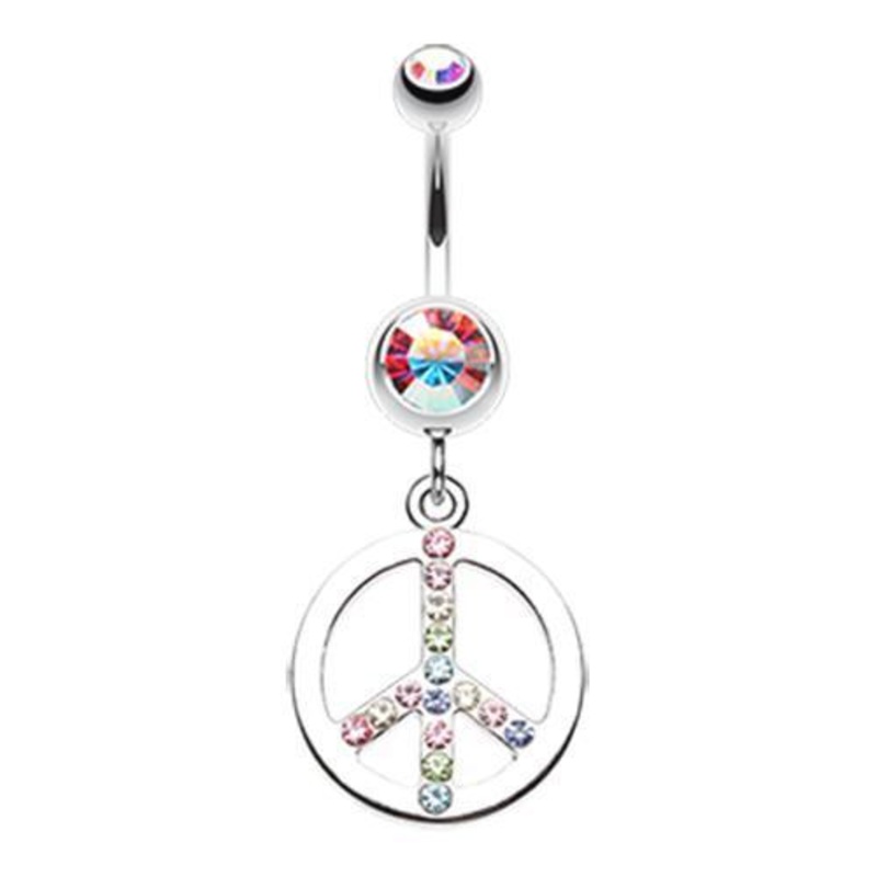 Aurora Borealis/Rainbow Pride Sparkling Peace Charm Dangle Belly Ring 14G (1.6mm) Length: 3/8″ (10mm)