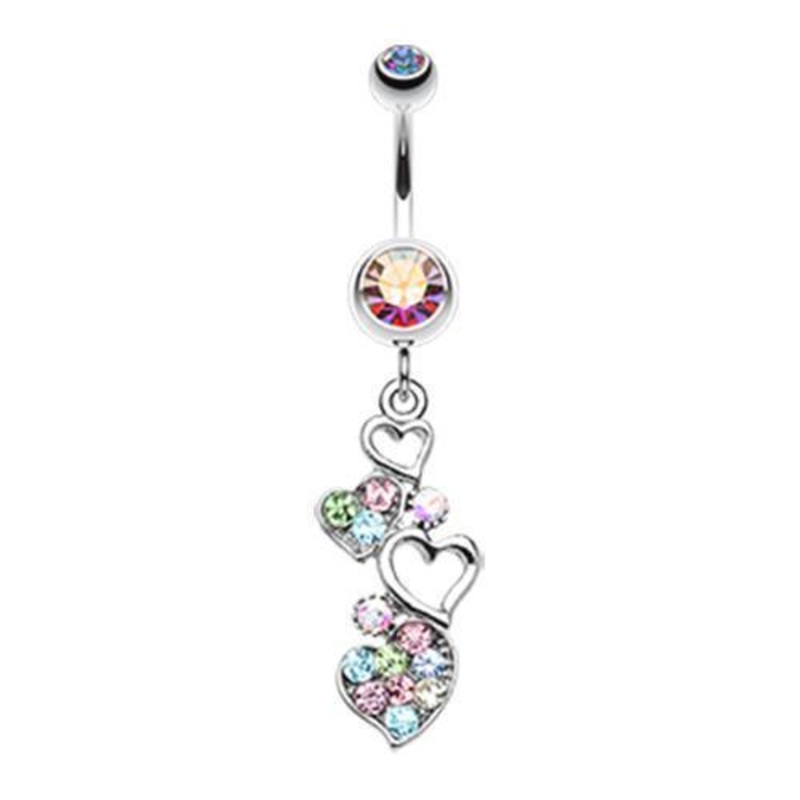 Aurora Borealis/Rainbow Sparkling Heart Cluster Dangle Belly Ring 14G (1.6mm) Length: 3/8″ (10mm)