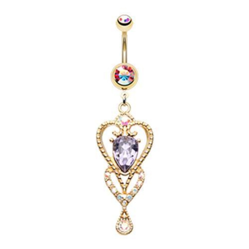 Aurora Borealis/Tanzanite Golden Princess Beloved Heart Dangle Belly Ring 14G (1.6mm) Length: 3/8″ (10mm)