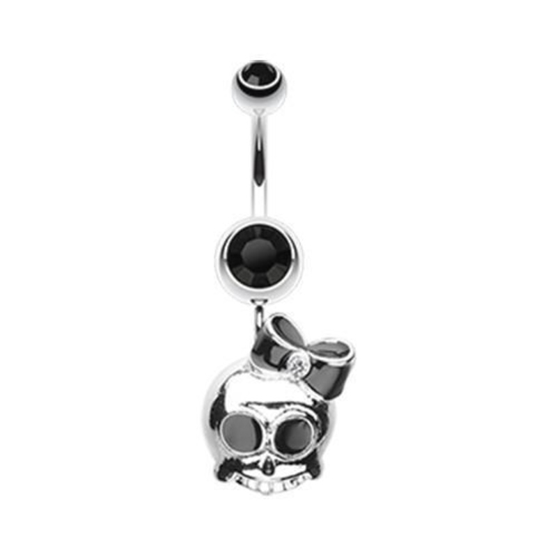 Black Adorable Skull Hair Bow Dangle Belly Ring 14G (1.6mm) Length: 3/8″ (10mm)