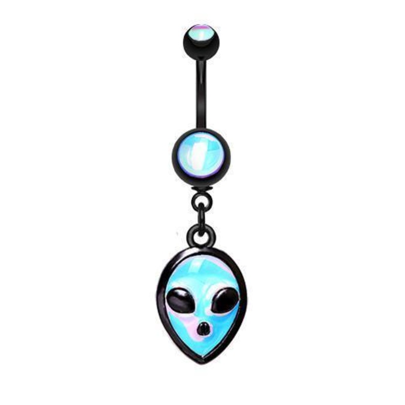 Black Alien Extraterrestrial Revo Dangle Belly Ring 14G (1.6mm) Length: 3/8″ (10mm)