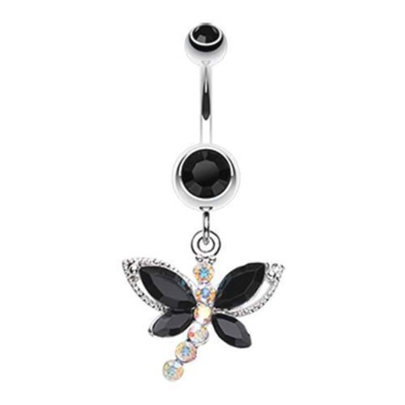Black/Aurora Borealis Dragonfly Glam Dangle Belly Ring 14G (1.6mm) Length: 3/8″ (10mm)