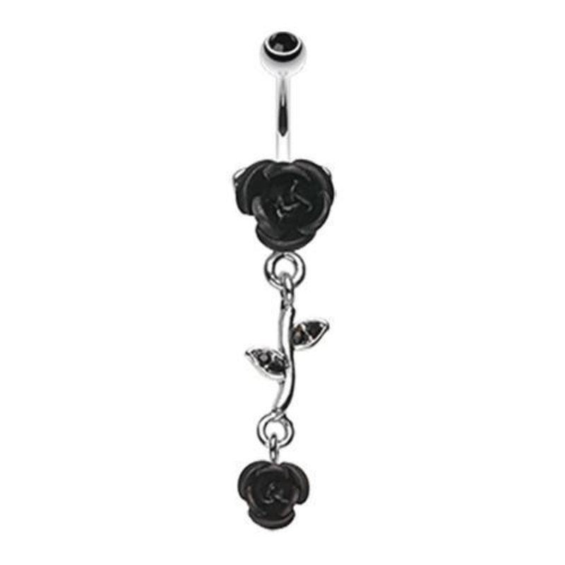 Black Bright Metal Rose Vine Dangle Belly Ring 14G (1.6mm) Length: 3/8″ (10mm)