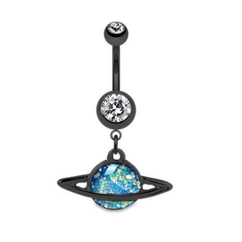 Black/Clear/Blue Black Saturn Planet Opal Dangle Belly Ring 14G (1.6mm) Length: 3/8″ (10mm)