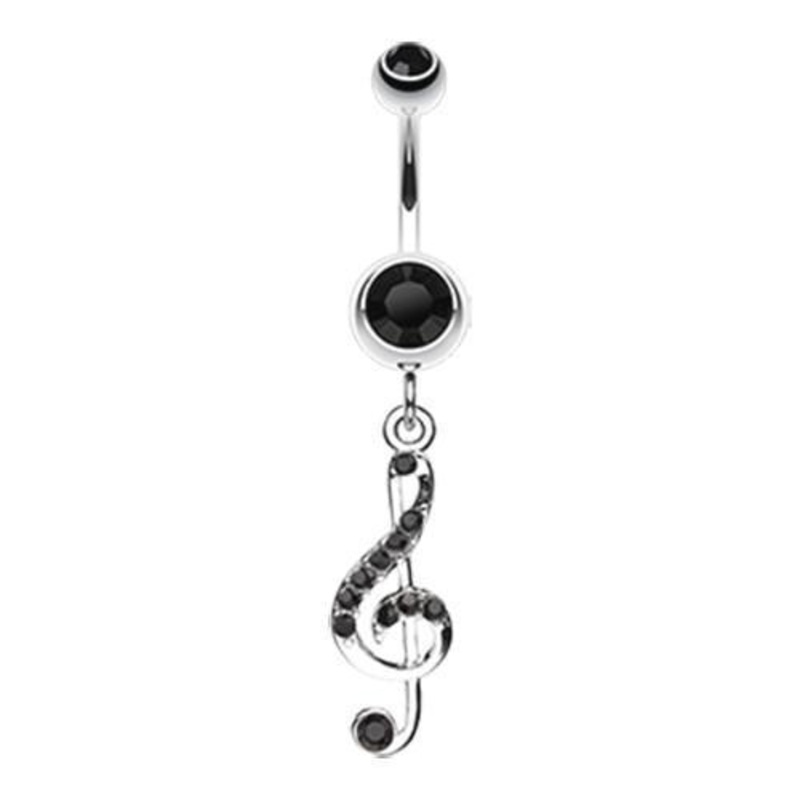 Black G Clef Music Note Sparkle Dangle Belly Ring 14G (1.6mm) Length: 3/8″ (10mm)