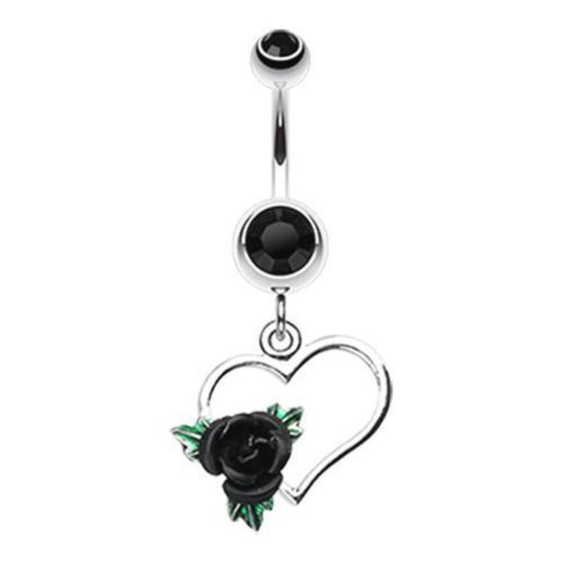 Black Heart Rose Dangle Belly Ring 14G (1.6mm) Length: 3/8″ (10mm)