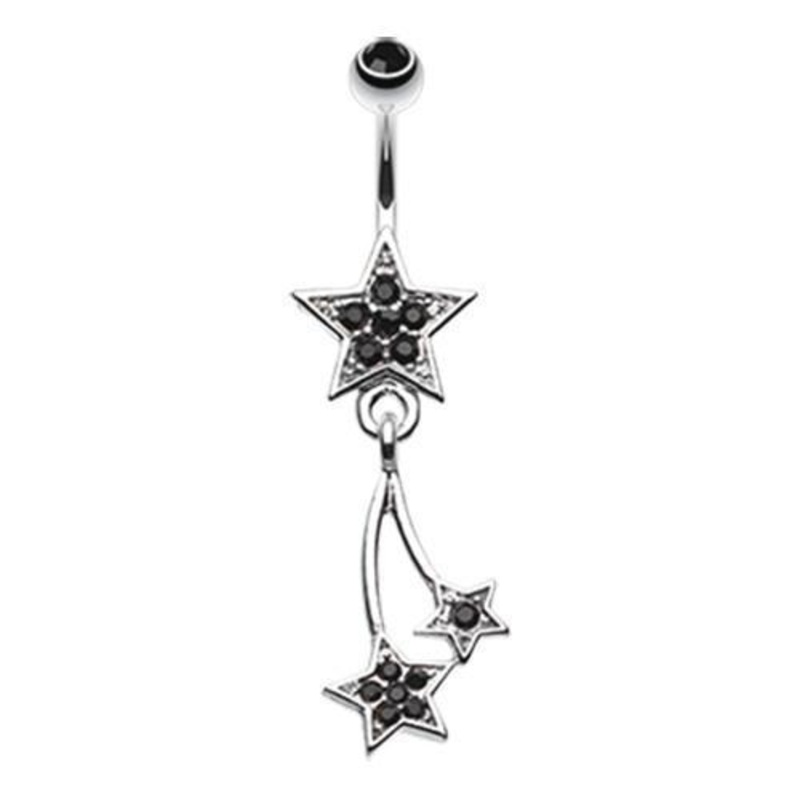 Black Sparkle Stars Dangle Belly Ring 14G (1.6mm) Length: 3/8″ (10mm)
