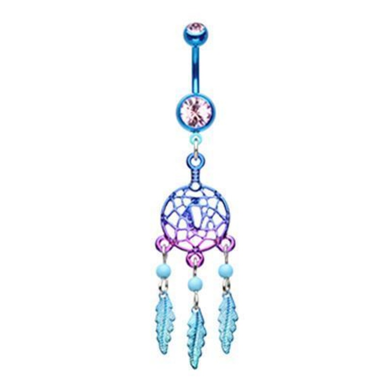 Blue/Light Pink Candy Coated Dreamcatcher Dangle Belly Ring 14G (1.6mm) Length: 3/8″ (10mm)